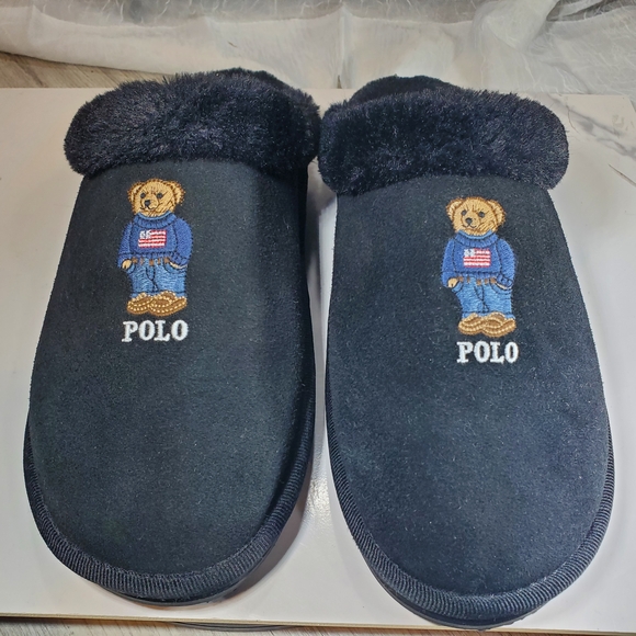 POLO Ralph Lauren Womens Black  Suede Leather American Flag Bear Slippers SZ 9.5 - Picture 2 of 11